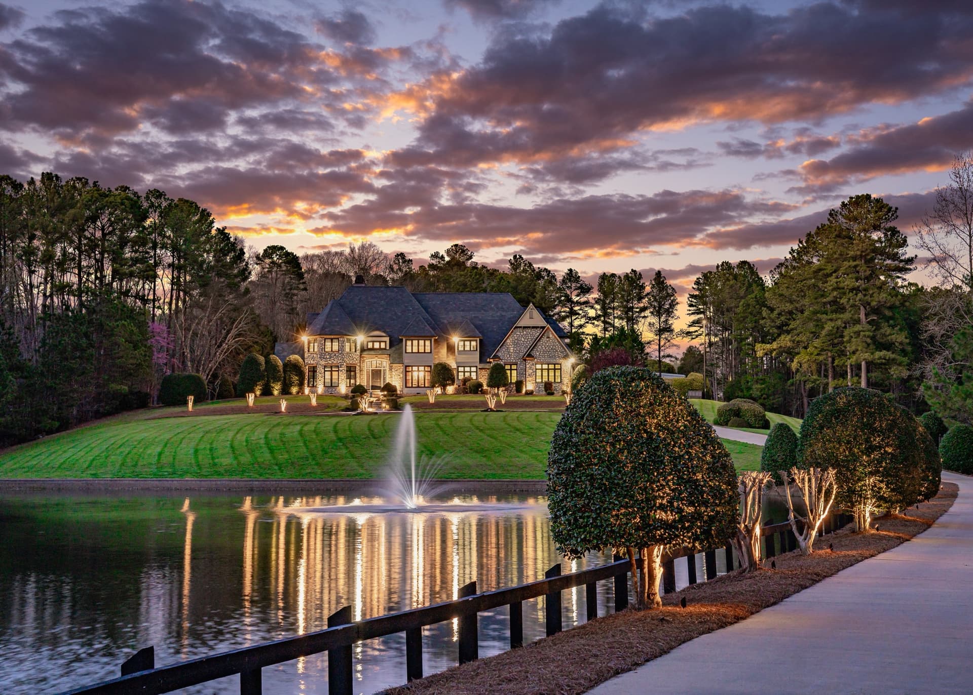Luxury estate photographed at dusk